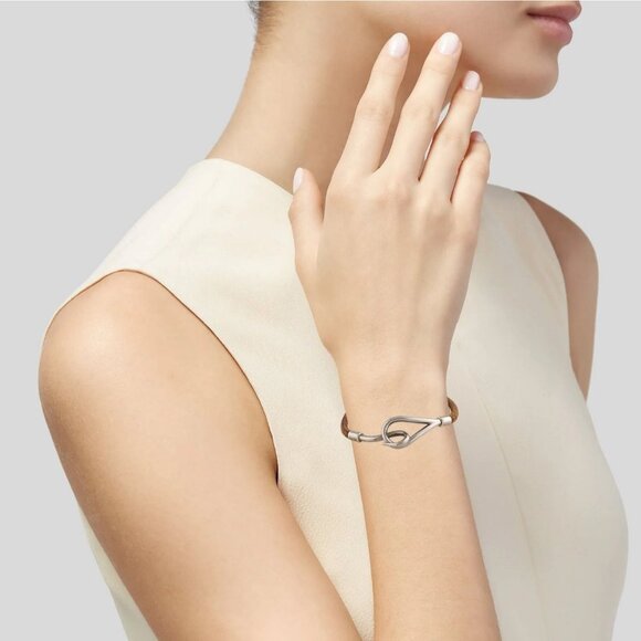 Authentic HERMES Jumbo Hook Bracelet Stainless Steel Leather Silver Brown - Picture 2 of 7